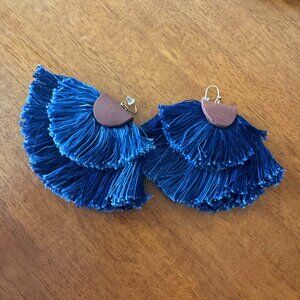 Handmade navy blue tassel earrings, boho clay half circle